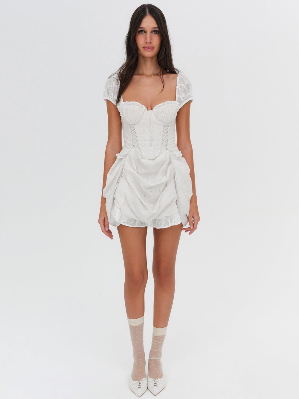 For Love & Lemons Morgan Corset Under Bust Puff Sleeve Mini Dress NEW Size large - Picture 3 of 10